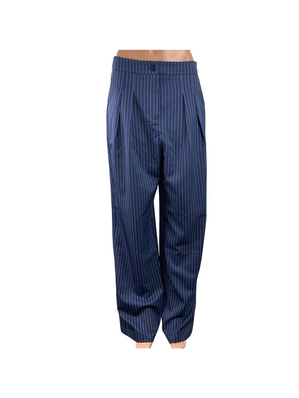 Commense Women's Navy Blue Pinstriped High Rise Wide Leg Trousers Pants Size M